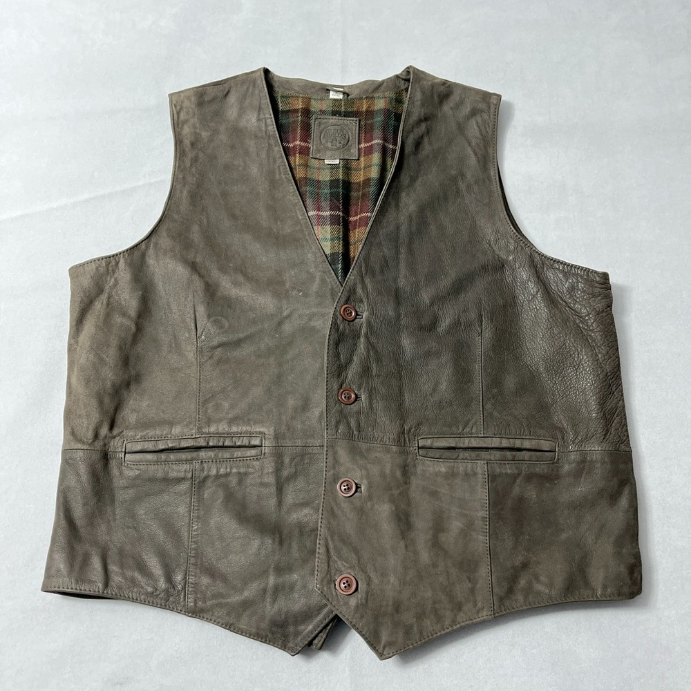 Green Fields Leather Vest Men XXL Brown Taupe Pockets Plaid Lining